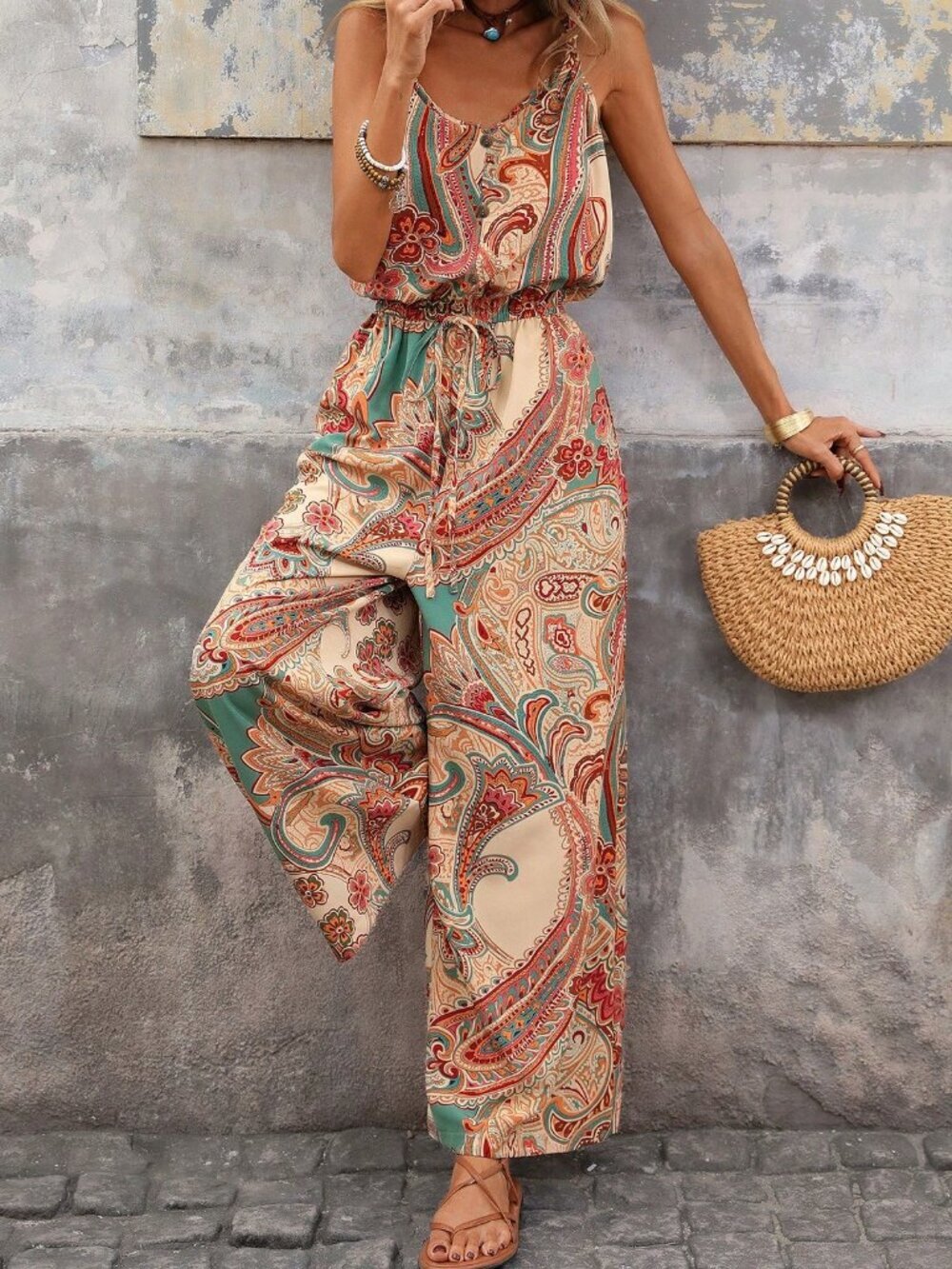 Multicolor Boho Women's Vacation Casual Paisley Print Jumpsuit Style - Picture 5 of 5